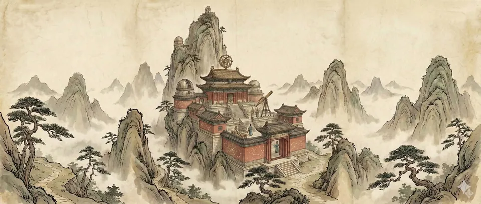 A painting in ink and soft colour of a temple observatory on a misty mountain, with domes, an armillary sphere and a telescope, among pines and peaks