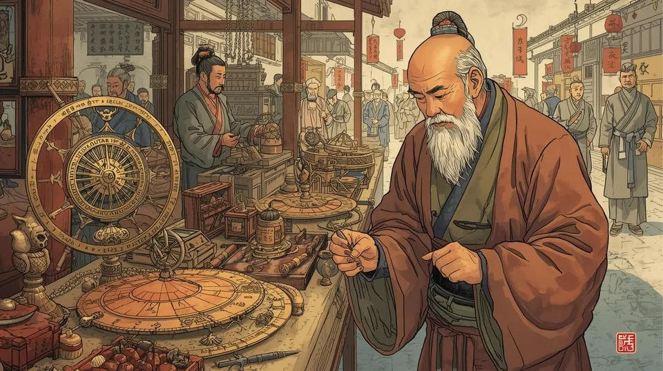 An illustrated market street in old China: a white-bearded astrologer in brown robes examines an instrument at a stall of astrolabes and armillary spheres, with lanterns overhead
