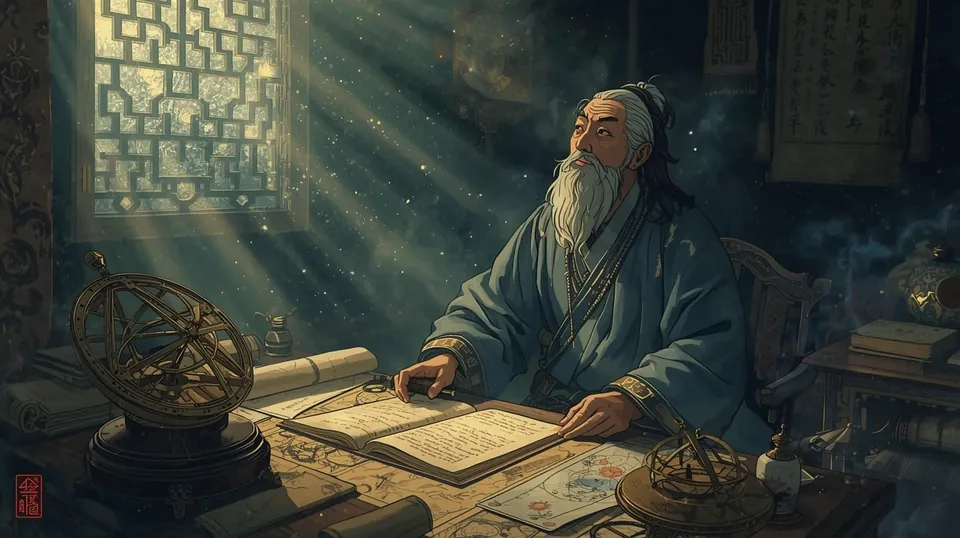 A painting of a white-bearded scholar at his desk, an astrolabe beside him and an open book of charts, in a room lit through a latticed window