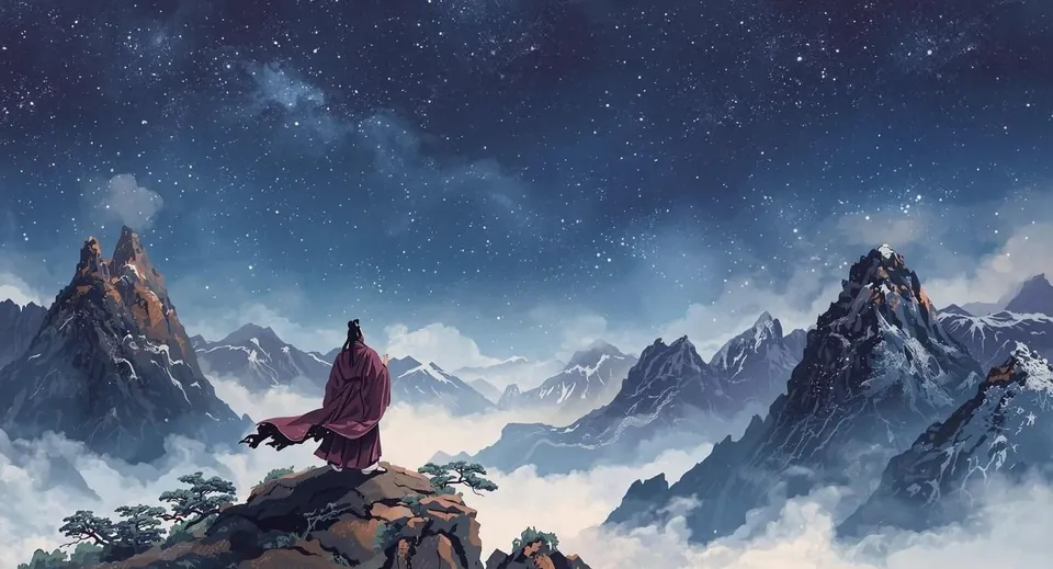 A painting of a scholar in a red robe standing on a rocky peak at night, looking out over mountains and clouds under a sky full of stars